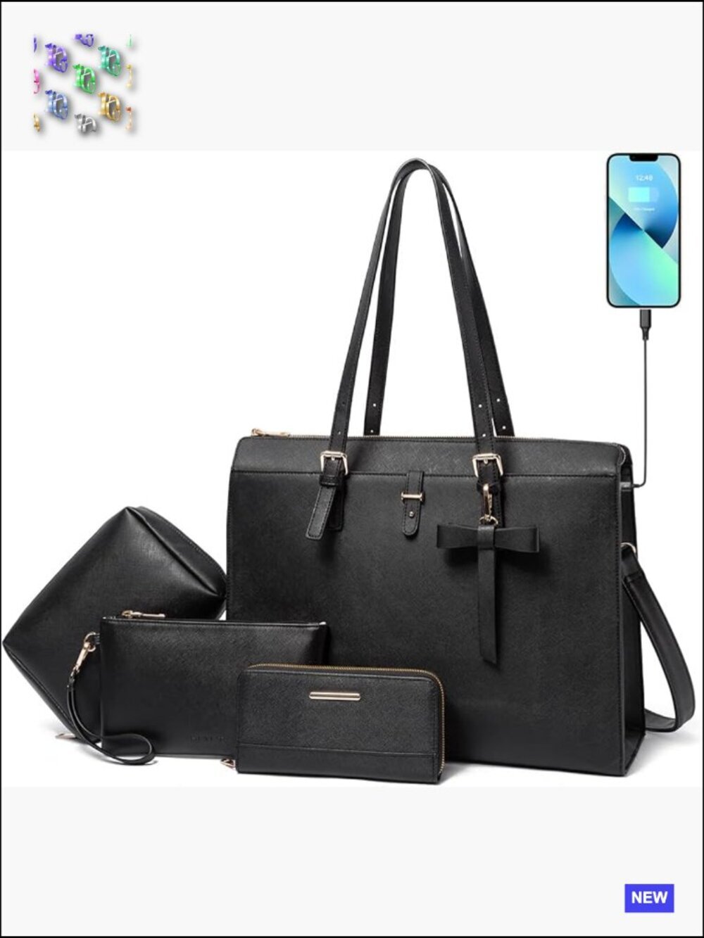 Large Leather Laptop Tote with USB Charging Port Adjustable Shoulder Strap